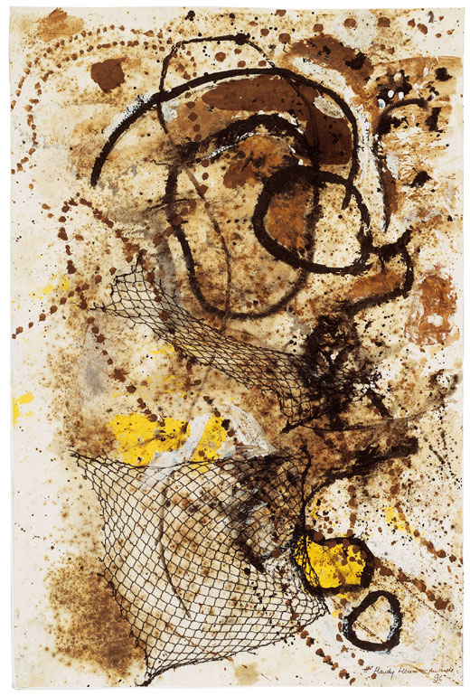 Arbeit auf Seidenpapier, Kaffee, Netz geklebt, Gouache, Tusche H 73cm x B 48,5cm, 1996