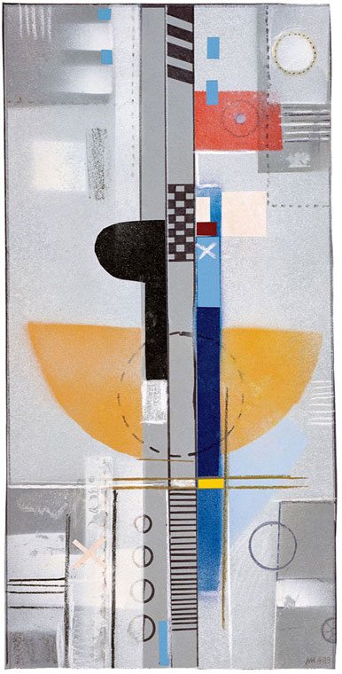 Mischtechnik, Collage auf grauem Papier, H 50cm x B 25cm, 1999